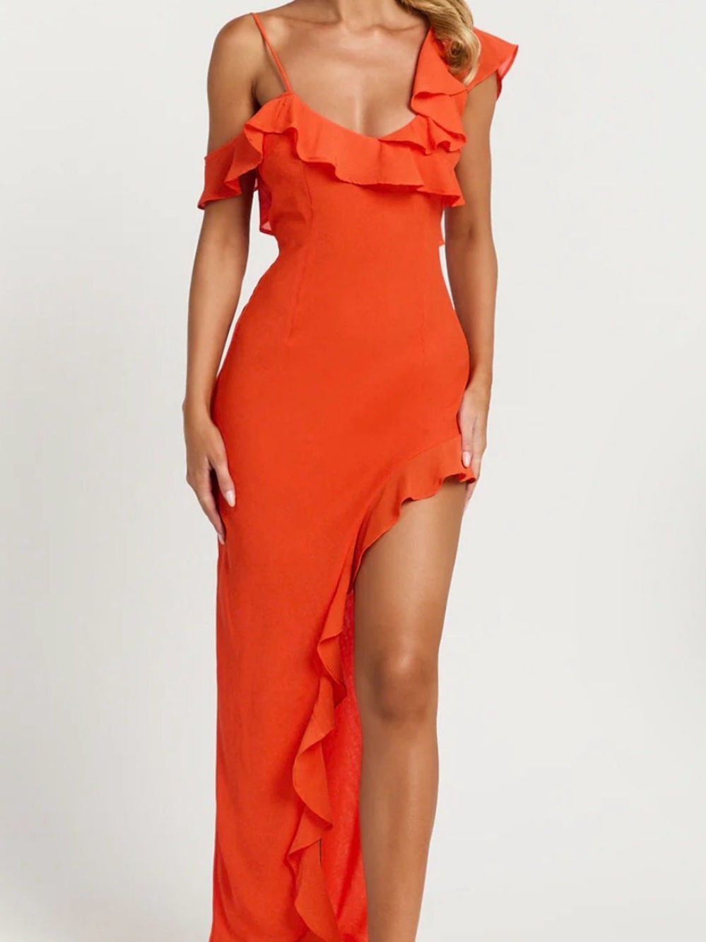 Formal One-Shoulder Orange Ruffle Maxi Dress